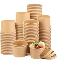 12 oz Kraft Paper Lidded Bowl Set, 50-Pack Leakproof Disposable Biodegradable Containers for Hot/Cold Foods (Disposable Kitchenware Cookware)
