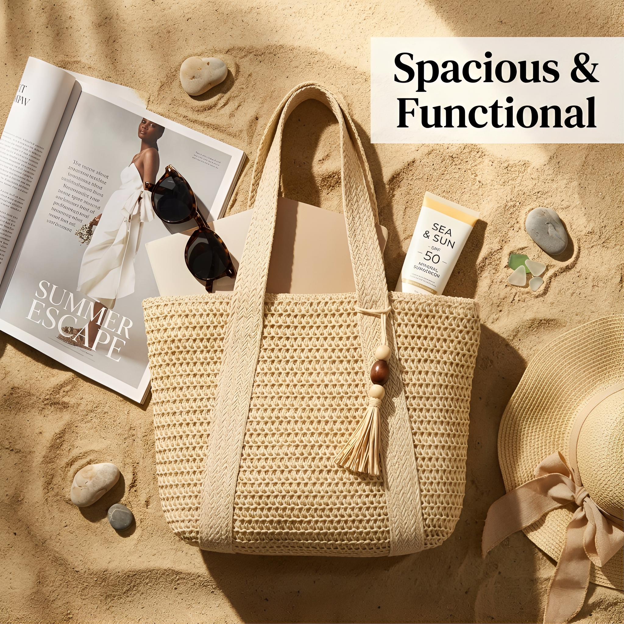 [Summer Limited Edition] Free Sun Hat with Bag Purchase! Women’s Handmade Straw Tote Bag + Foldable Sun Hat Set, Large-Capacity Handwoven Beach Bag for Summer Vacation #summerwins