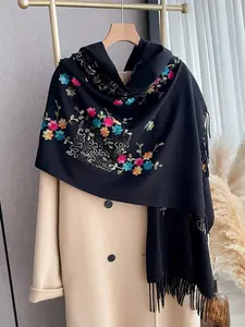 Women's Fall Winter Warm Embroidered Scarf Boho Windproof Shawl, Floral Pattern, Casual Fitted Fashion Accessory Boho Style Shawl Embroidery Shawl