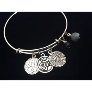 Lotus Om and Eye of Protection Silver Charm Bracelet Adjustable Expandable  Bangle Trendy Yoga Inspired Meaningful Inspirational