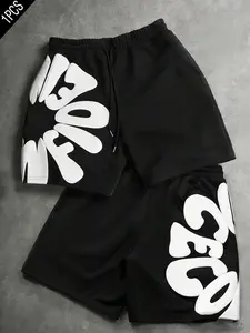 Men's Y2K Puff Print Letter Shorts, Black Casual Streetwear Sweat Shorts, Oversized Wide Leg Track Shorts, Drawstring Waist Athletic Jogger Shorts, Hip Hop Fashion #PuffPrintShorts #Y2KStreetwear #StreetwearShorts