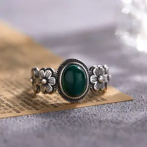 S925 Sterling Silver Inlaid Natural Malachite Gemstone Ring for Women Vintage Personality Thai Silver Open Ring
