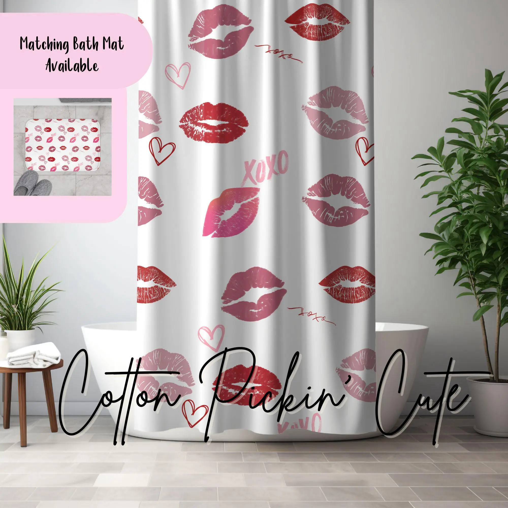 Coquette Style Shower Curtain and matching Bath Mat Lipstick Lips and XO's Romantic Girly Bathroom Decor Feminine Aesthetic Glam Chic Gift