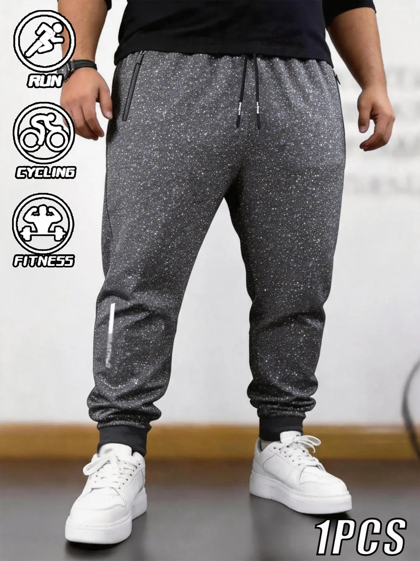 Large Size Men's Sporty Cuffed Sweatpants, Zip Pocket Design, Running Fitness High Elastic Breathable Casual Long Pants