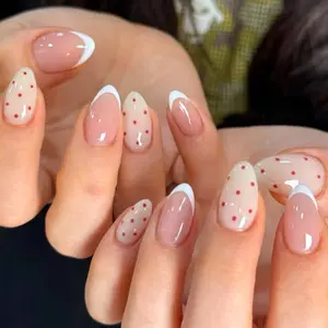24pcs Almond Shape Nail Tips, French Style Removable False Nails, Half Handmade Design, Includes Nail File & Jelly Glue