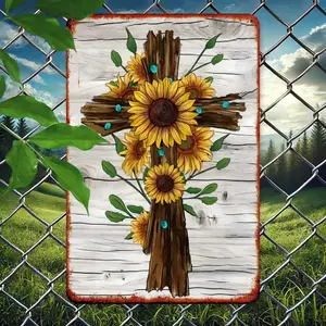 Sunflower Cross Theme Metal Sign Art Set of 1, Flat Printed Iron Wall Decor 8x12 inch for Bar, Café, Club Vintage Aluminum Sunflower Welcome Sign Vintage Sunflower Butterfly Tin Sign metal wall sign Vintage Metal Tin Sign home decor plaque funny bar sign
