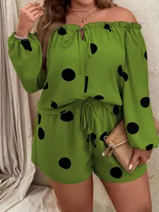Plus Size Polka Dot One Shoulder Romper, Summer Long Sleeve Drawstring Set, Elegant Loose-Fit Blouse, Spring & Fall Fashion Womenswear