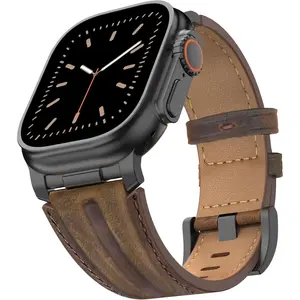 Top Grain Genuine Leather Compatible with Apple Watch Ultra 3 Band 49mm 46mm 45mm 44mm 42mm, Rugged Metal Connector Band Strap for Women Men iWatch Ultra 2/1 Series 11 10 9 8 7 6 5 4 3 SE