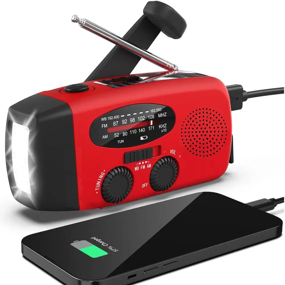 Emergency Hand Crank Radio with Flashlight, AM/FM/NOAA Portable Weather Radio with 2000mAh Power Bank Phone Charger, Solar Powered USB Charging Radio
