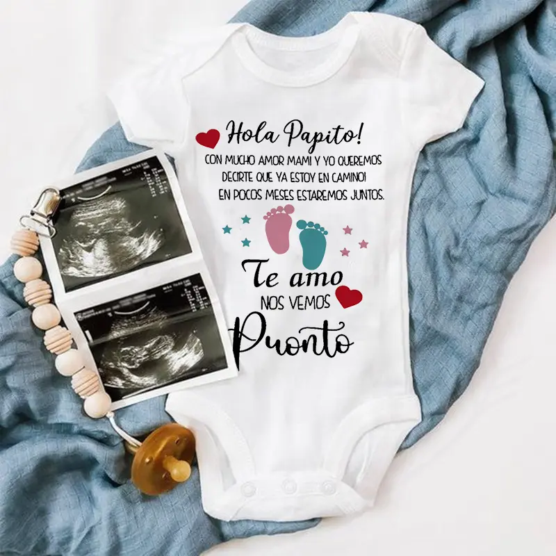 Baby Letter Print Bodysuit - 100% Soft Cotton Infant Romper with Snap Buttons, Envelope Neck, Roomy Crotch for Pregnancy Announcement, Short, Maternity, Washable Cotton