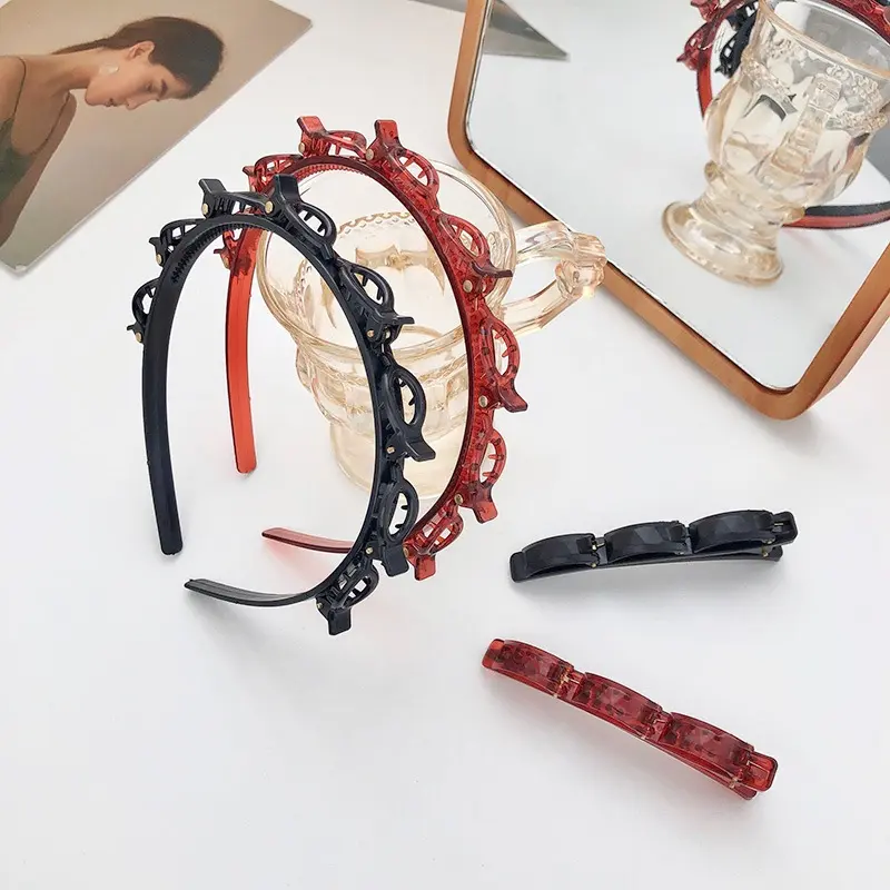 Women's Korean-Style Colored Resin Braided Hoop Headband - Chic Hair Accessory with Multi-Layered Hollow Weave and Secure Clips for Colored Braided Headbands Enthusiasts, Braided Headband Headbands