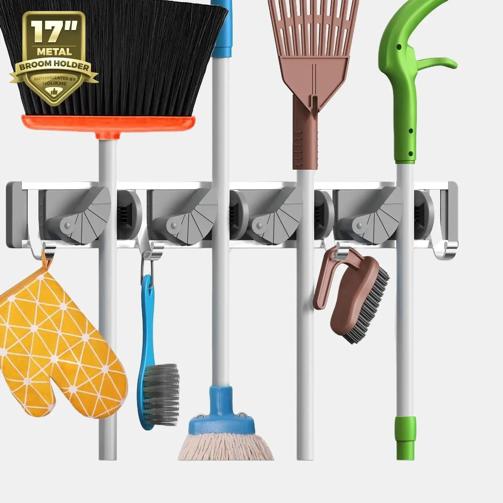 Mop Broom Holder Wall Mount Metal Pantry Organization and Storage Garden Kitchen Tool Organizer Wall Hanger for Home Goods (4 Positions with 4 Hooks, Silver)