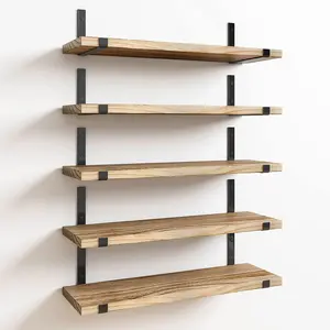 Floating Shelves, Width 4.7 Inches Wall Shelves Set of 5, Rustic Wood Wall Storage Shelves for Bedroom, Living Room, Kitchen, Bathroom, Office and Plants (Carbonized Black)