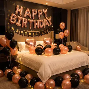 Rose Gold Black Birthday Balloon Decorations Set, 43Pcs Happy Birthday Aluminum Foil Letter Balloons, Heart Foil Balloons and Hot Stamping Banner for Birthday Party Photo Backdrop