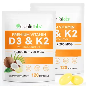 Acentiallabs Premium Vitamin D3 10,000 IU & K2 MK7 200mcg with Coconut Oil 120 Softgels Non-GMO for Bone & Immune Support - Healthcare