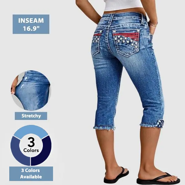 Flamingals Stripe & Star Embroidery Raw Hem Mid Waist Skinny Capri Jeans Womenswear Stretchy 16.9" Inseam Flamingals Stripe & Star Embroidery Raw Hem Mid Waist Skinny Capri Jeans Womenswear Stretchy 16.9" Inseam