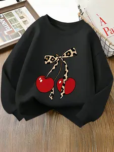 Leopard Print Bow Cherry Crewneck Sweatshirt | Trendy Retro Graphic Pullover | Y2K Fashion Gift for Women & Girls "cherry bow"