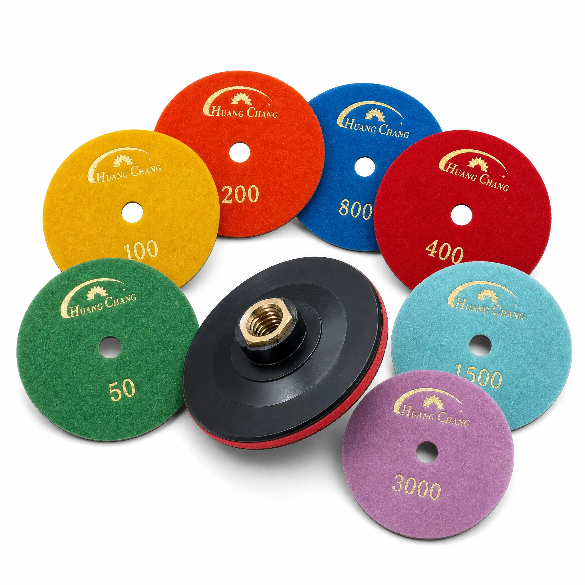 Huang Chang 4 Inch Diamond Polishing Pads with 5/8’’-11 Backer Pad, 8PCS Dry Granite Stone Polish Pad Kit for Drill, Grinder, Polisher, 50-3000 Grit Polishing Pad for Concrete Marble Rock Countertop Quartz