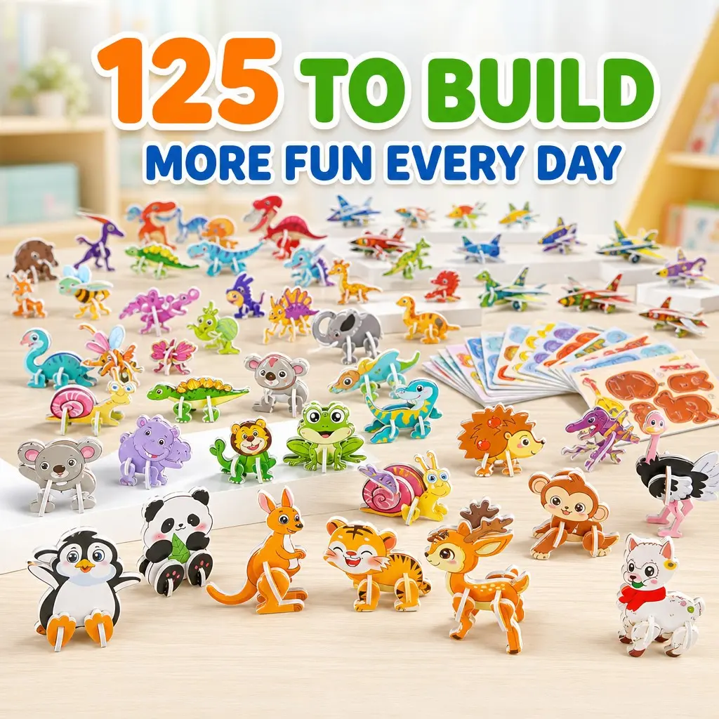 125PCS Foam 3D Puzzle Set for Kids Ages 3-8 | Montessori STEM Learning Toys, Screen-Free DIY Craft Kit, Fine Motor Skills Builder, Homeschool Supplies, Christmas Party Favors (Animal & Dinosaur Designs)
