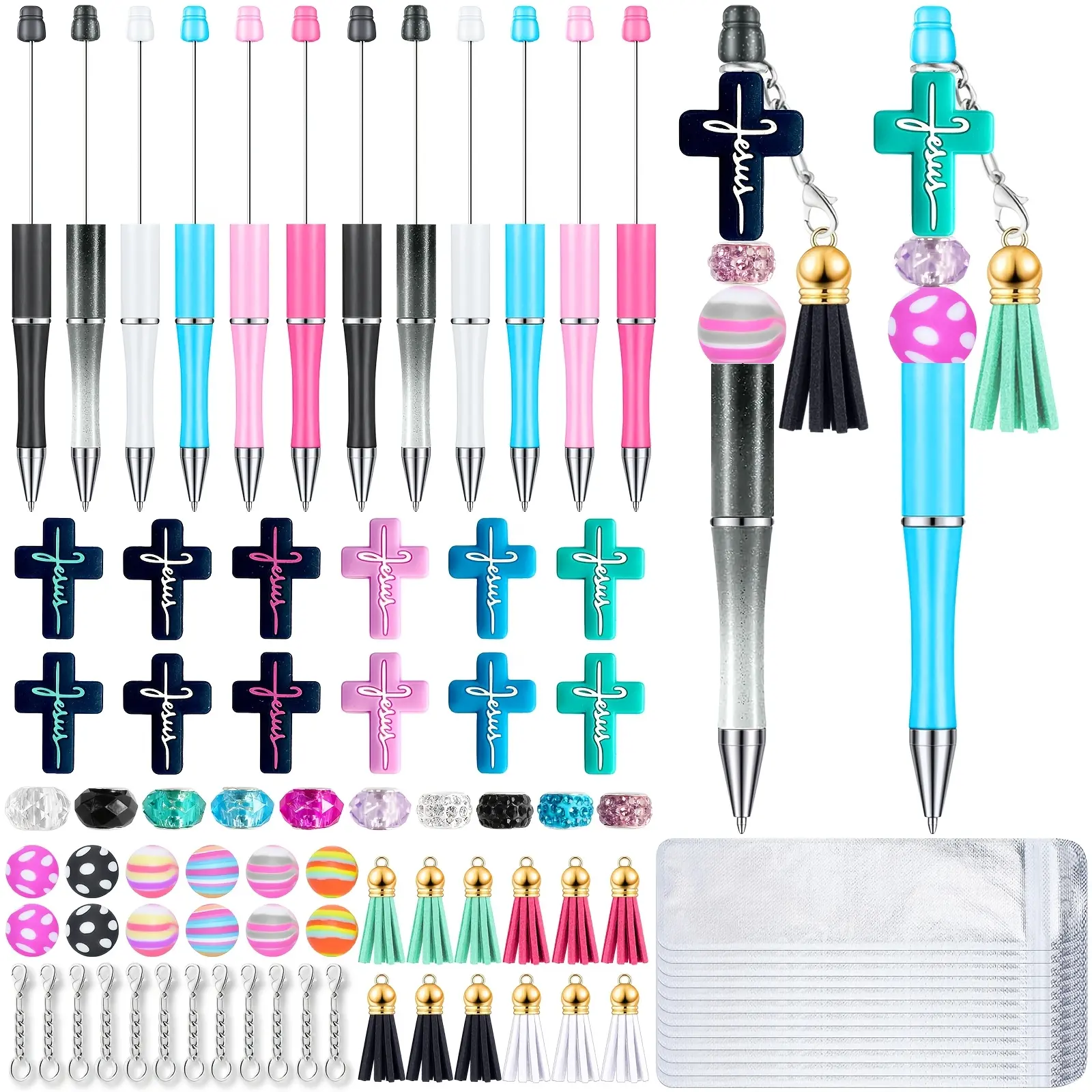 12 sets Jesus Beadable Pens Bulk with Colorful Cross Silicone Beads for DIY Pen Making Kit Smooth Writing Beaded Pen for Women Office(Jesus)