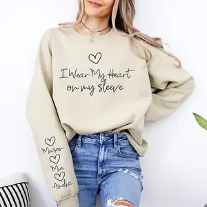 Women’s Letter Print 'I Wear My Heart on My Sleeve' Sweatshirt – Personalized Pullover with Kids’ Names, Mother’s Day Gift