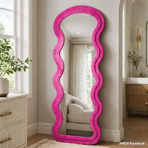 Modern Arch Flannel Wave Rose Full-Length Standing Mirror - Wooden Box-Packaged Home Decor for Bedroom, Wedding Gift, with Hanging or Wall-Leaning Capability