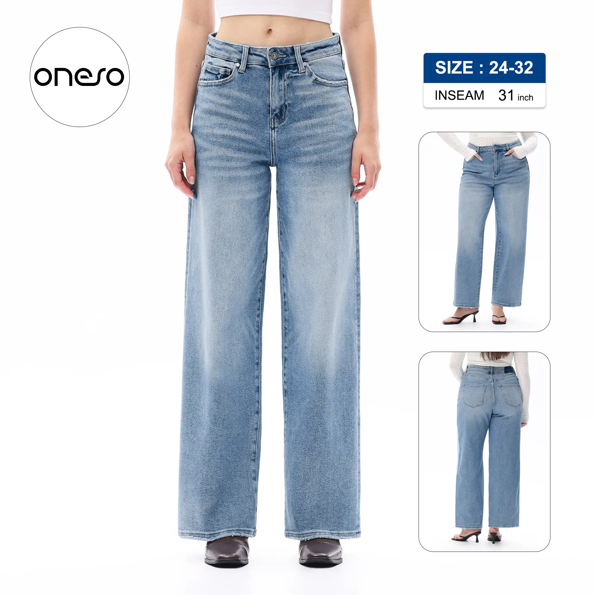 ONESO PLUS SIZE High Rise Relaxed Straight  Wide Leg Denim Jeans for Women - Comfortable Fit & Style Womenswear Bottom Casual Everyday Overall Fabric Trouser Streetwear Pants Cotton