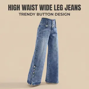 ROAD MARKINGS Women's Cotton-Spandex Washed High-Waist Button-Split Loose-Fit Wide-Leg Denim Blue Trouser Jeans, Basic Pocket Streetwear Clothes with Sparkly Rhinestones, Ripped Pleated Boot-Cut for Daily Work Wear