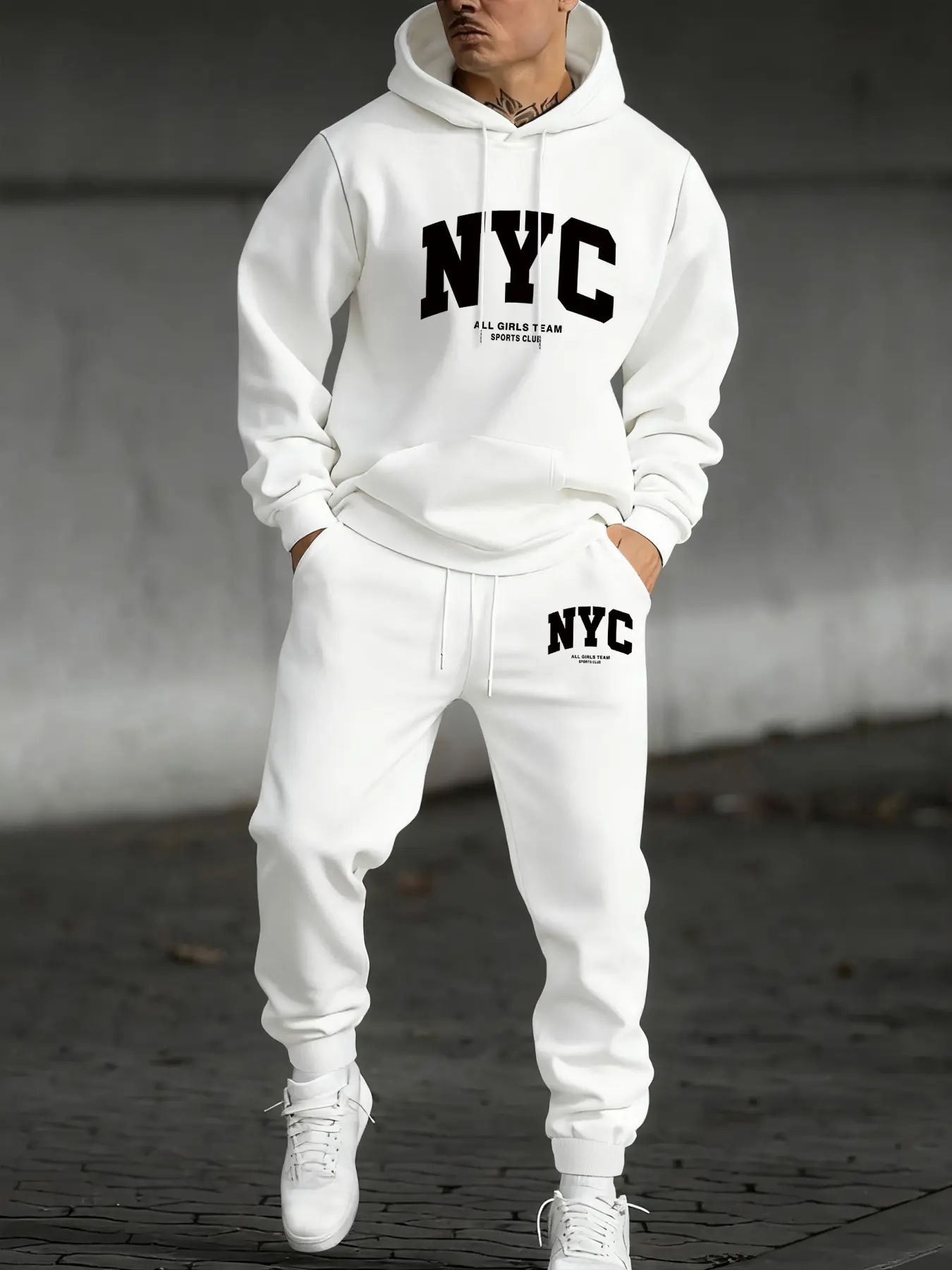 Men's Letter Print Hoodie, Kangaroo Pocket Drawstring Hooded Sweatshirt + Elastic Waist Sports Pants, Casual Fall Winter Wear, Hooded Sportswear Set