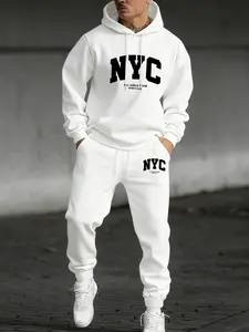 Men's Letter Print Hoodie, Kangaroo Pocket Drawstring Hooded Sweatshirt + Elastic Waist Sports Pants, Casual Fall Winter Wear, Hooded Sportswear Set