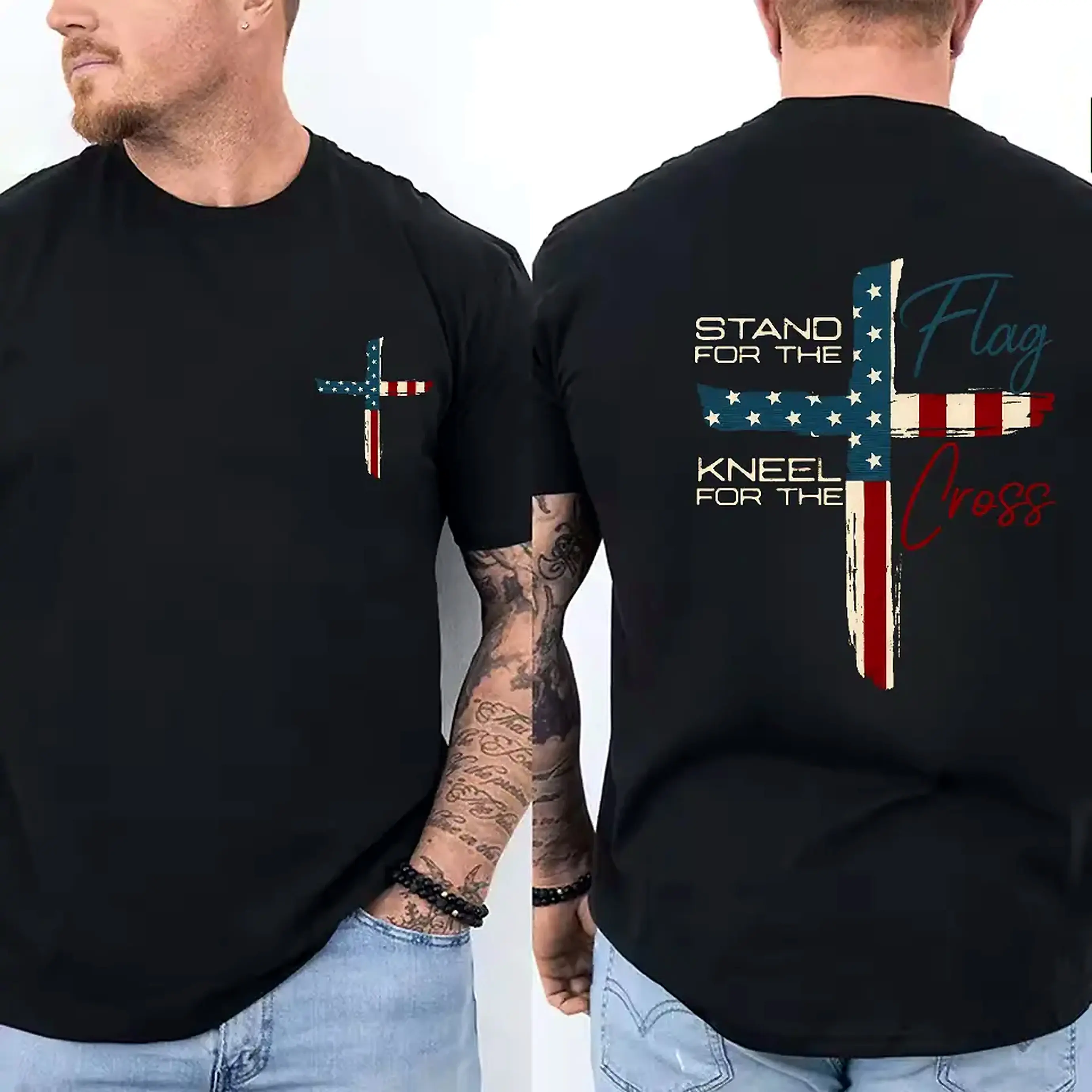 Patriotic Christian Faith T-Shirt – Stand for Flag Kneel for Cross Religious Shirt |   American Pride Cross Design Tee for Men |   Conservative Christian Cotton Clothing