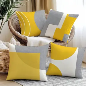 4pcs Minimalist Yellow & Gray Fabric Geometric Pattern Pillow Covers, Home Decorative Cushion, Single-Sided Soft Peach Velvet Material, 45*45/50*50/40*40CM Cushion Covers For Home Decor, Party Decoration, Decorative Pillow Gift