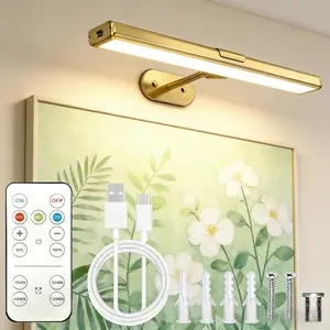 1 set Wireless Picture Lights with Remote, Recgargeable Battery Painting Light Display Lamp with 3 Lighting Modes, Dimmable Dartboard Light with Timer for Frame Portrait Art, Metal Body, Golden/Black