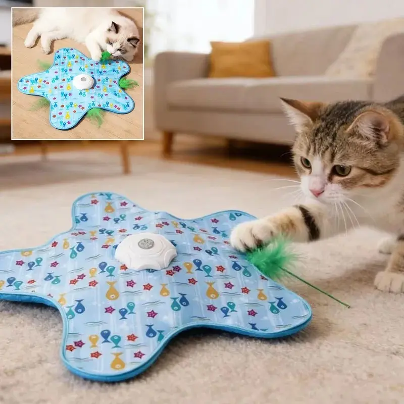 Cat Hide-and-Seek Interactive Toy Mat - Rechargeable 1200mAh, Cartoon Print Fabric-Plastic, 62cm/24.4in, 3 Modes, Moving Feathers, Reduces Boredom, Universal Fit for Daily Entertainment & Exercise