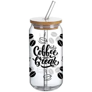 Coffee Break Pattern - Glass Tumbler with Bamboo Lid and Straw