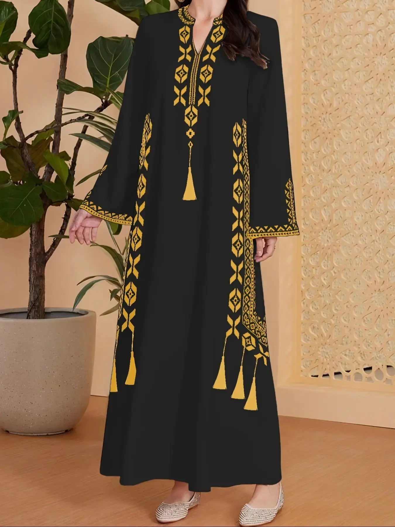 Women's Digital Print Dress, Middle Eastern Style Woven Fabric Long Sleeve Fitted A-Line Dress, Casual Fashion for Spring & Fall Seasons