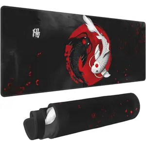 Yin and Yang Koi Carp Fish Black Red  Pad XL Extended Desk Mat, Non Slip Rubber Base Stitched  Gaming Pc Desktop Large Mice Pad,31.5 x 11.8 Inch