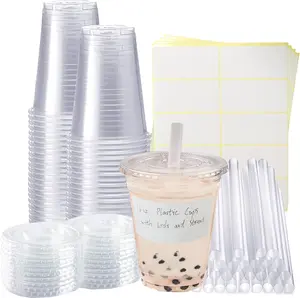 50 Sets Clear Plastic Cups With Flat Lids,16oz Disposable Iced Coffee Cups with Straws and Stickers,Plastic Cups for Iced Coffee,Cold Drinks,Juice, Bubble Boba ,Smoothie, Milkshake