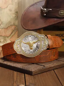 1pc Men's Fashion Streetwear Western Concho Belts Vintage Carved Bull Head Alloy Buckle Belt, Casual Denim Jeans Accessory