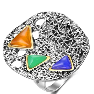 Mytys Vintage Statement Ring for Women Three Tone Stone Large Chunky Cocktail Fashion Jewelry Gift