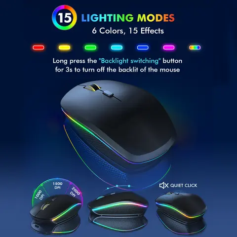 SABLUTE Wireless Rechargeable Silent Office Mouse - 7-Color Ambient Lighting, Quiet Operation, Sleep Mode, Built-in Battery, Energy Saving Cordless PC Mouse for Focused Use, Office Cordless Mouse