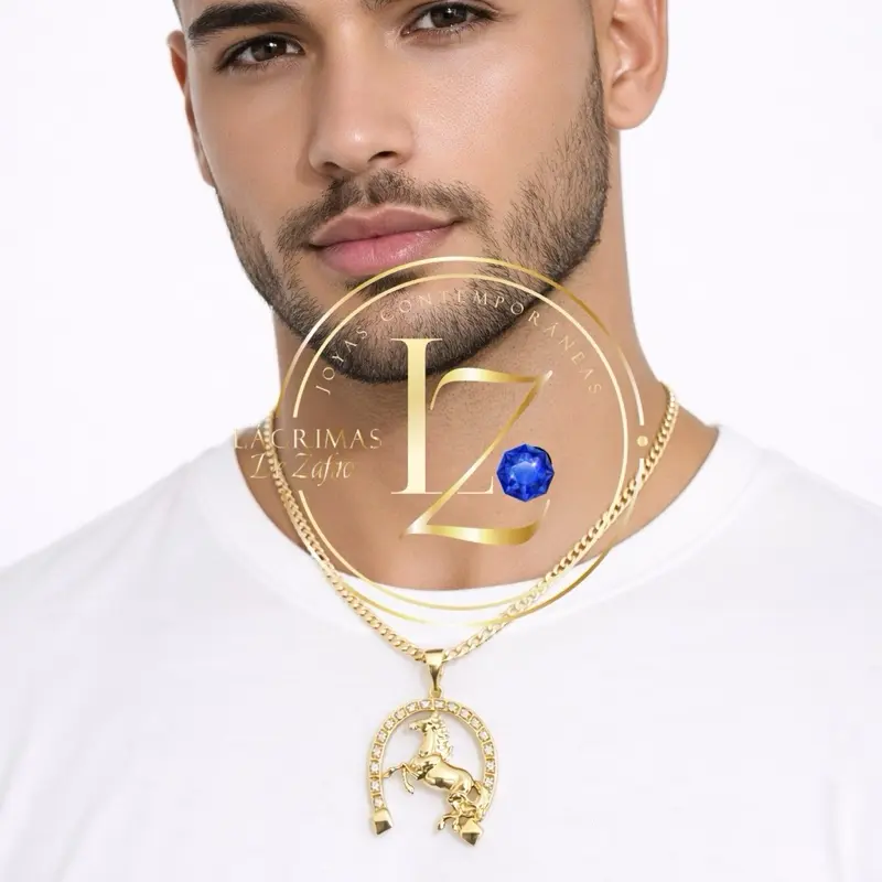 COD2035  Horse Shoes Pendant with Cuba Chain 4 mm Wide Gold Plated Necklace for Men