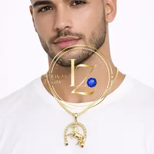 COD2035  Horse Shoes Pendant with Cuba Chain 4 mm Wide Gold Plated Necklace for Men
