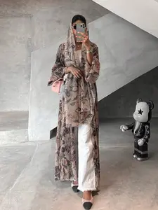 Modest Middle Eastern Women's Arabic Long Robe, Long Sleeve Pleated Cardigan, Printed Outerwear, Loose-Fitting, All Seasons