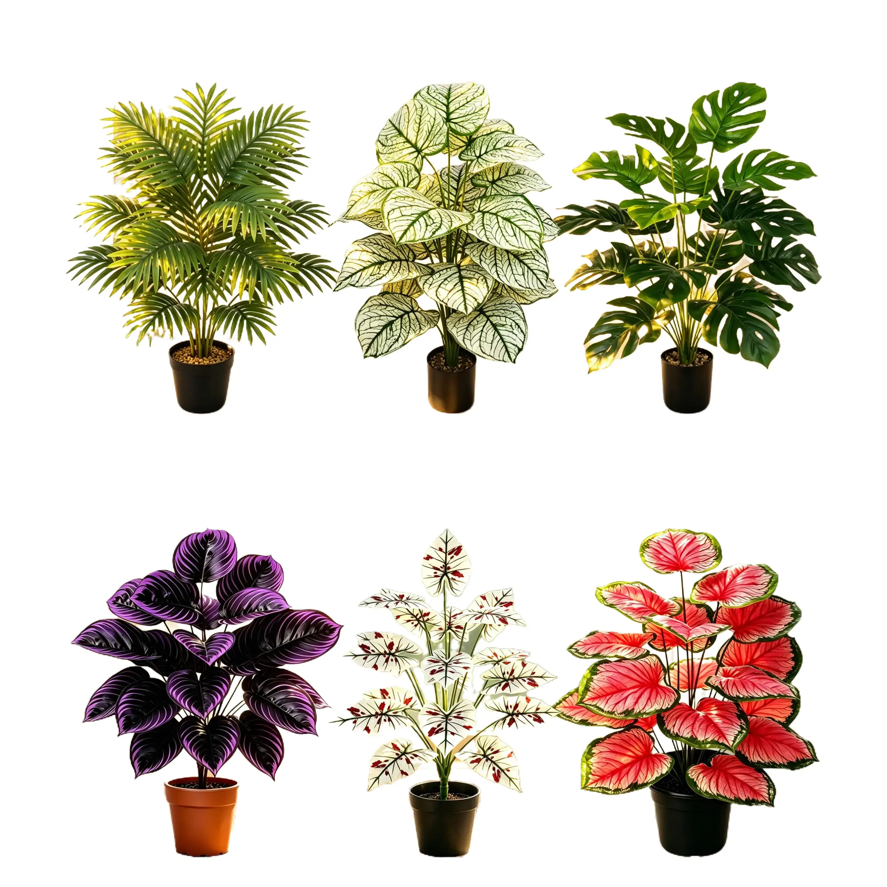 Artificial Plants Set of 6, Fan Palm Plant, White Taro Plant, Monstera Plant, Purple Hosta Plant, White Red Taro Plant, Pink Taro Plant 18 Heads 29.5in | No Maintenance Decorative Palm Leaves for Home Office Indoor Outdoor Decor