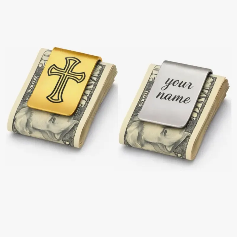 Personalized 2 Pack Money Clips for Men – Gold Cross Engraved Clip + Personalized Silver Clip, Custom Name Laser Engraving, 304 Stainless Steel Minimalist Cash & Card Holder Gift