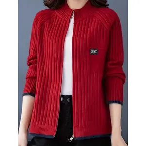 New women’s casual stand-up collar knit cardigan — high-elasticity blended zip-front cardigan jacket with a letter pattern, suitable for spring and autumn — Velcro, acrylonitrile, nylon