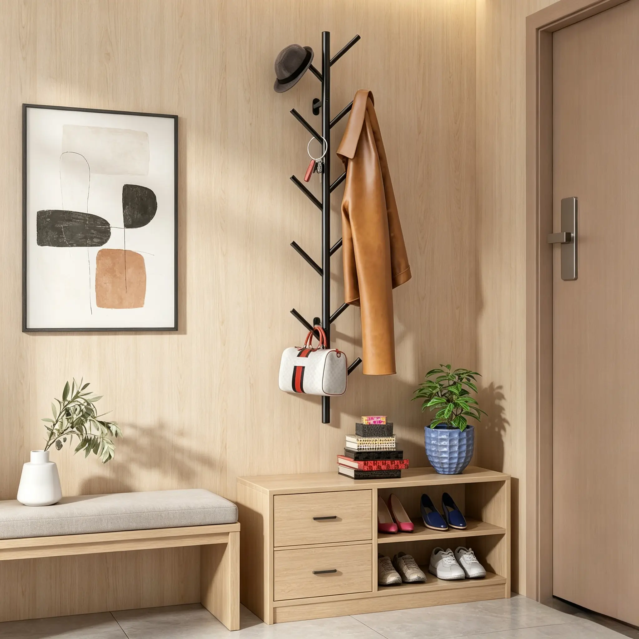 giteo bedding Wall Mount Vertical Coat Rack, Modern Floating Hat Rack with Metal Hooks, Entryway Wall Hanger Organizer for Clothes, Scarves, Bags and Caps