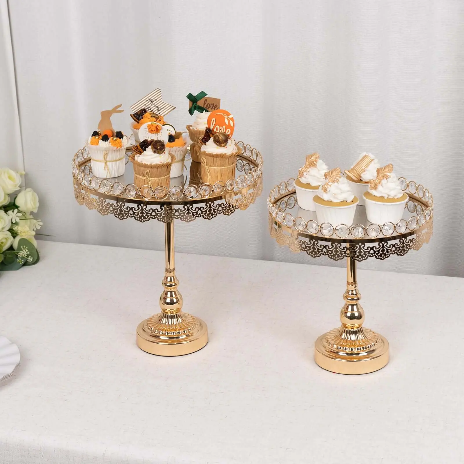 Gold Metal Pedestal Cake Stands (Set of 2, 11in & 13in Round Mirror Top) - Crystal Beads Decor for Cupcake Dessert Display, Cake Decorating Supplies, Party, Holiday, Birthday, Christmas