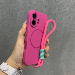 Magsafe Magnetic Liquid Silicone Case with Wrist Strap, Shockproof Protective Cover for Apple iPhone 17 16 14 13 12 Pro Max Plus Wireless